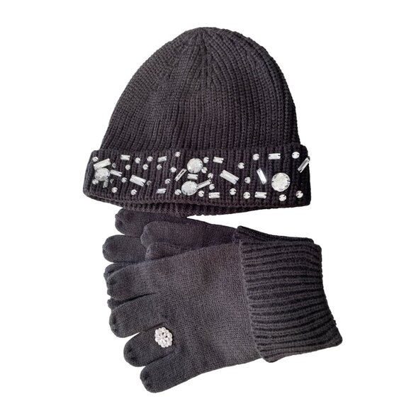 IMAN Global Chic Embellished Beanie & Glove Set One Size Black Comfort Knitwear - Picture 2 of 7